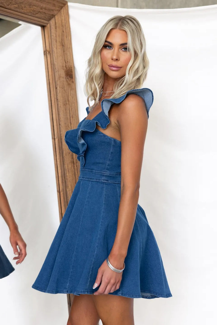 Square Neck Ruffle Strap Fit-and-Flare Denim Mini Dress