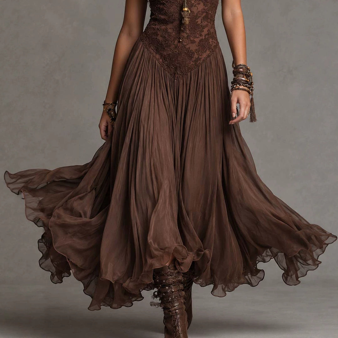 Vintage Flowy Lace Chiffon Slip Maxi Dress