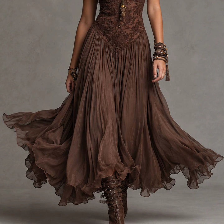 Vintage Flowy Lace Chiffon Slip Maxi Dress