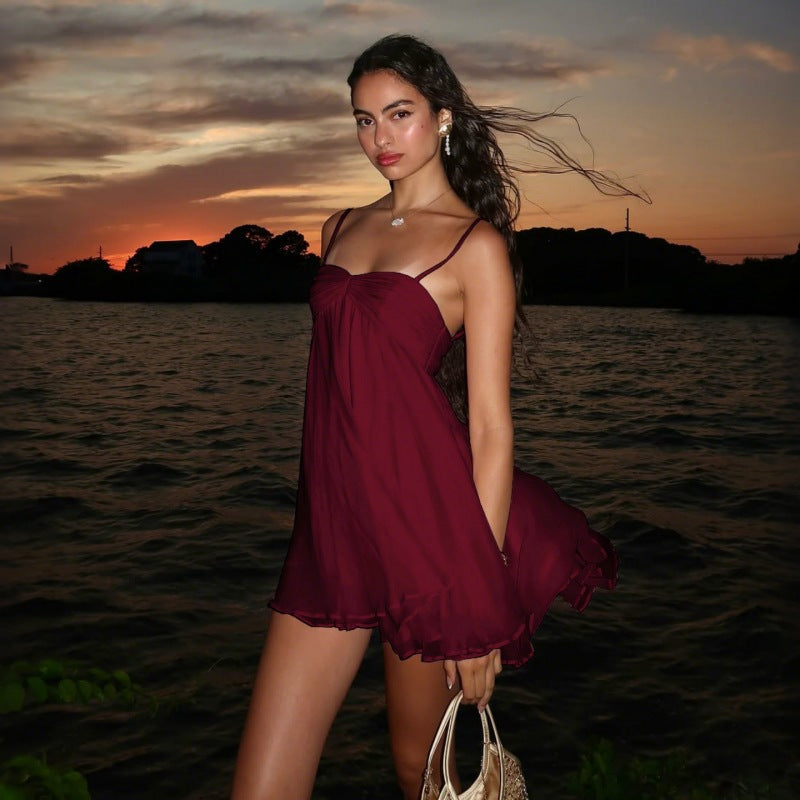 Open-Back Y2K Cami Dress | Ruched Chiffon Babydoll Mini Dress