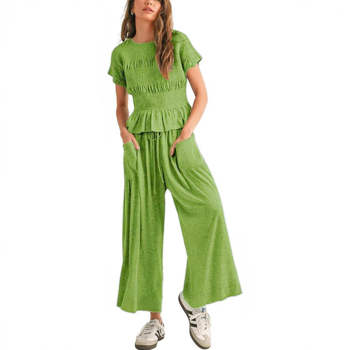 Beige Linen-Blend Smocked Peplum Top &amp;amp; Wide-Leg Pants Set