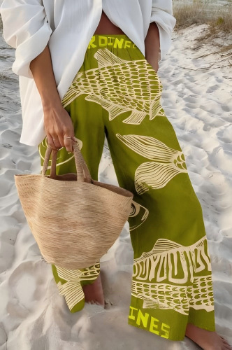 Vintage Blue Fish Print Elastic Waist Wide Leg Beach Pants With Pocket