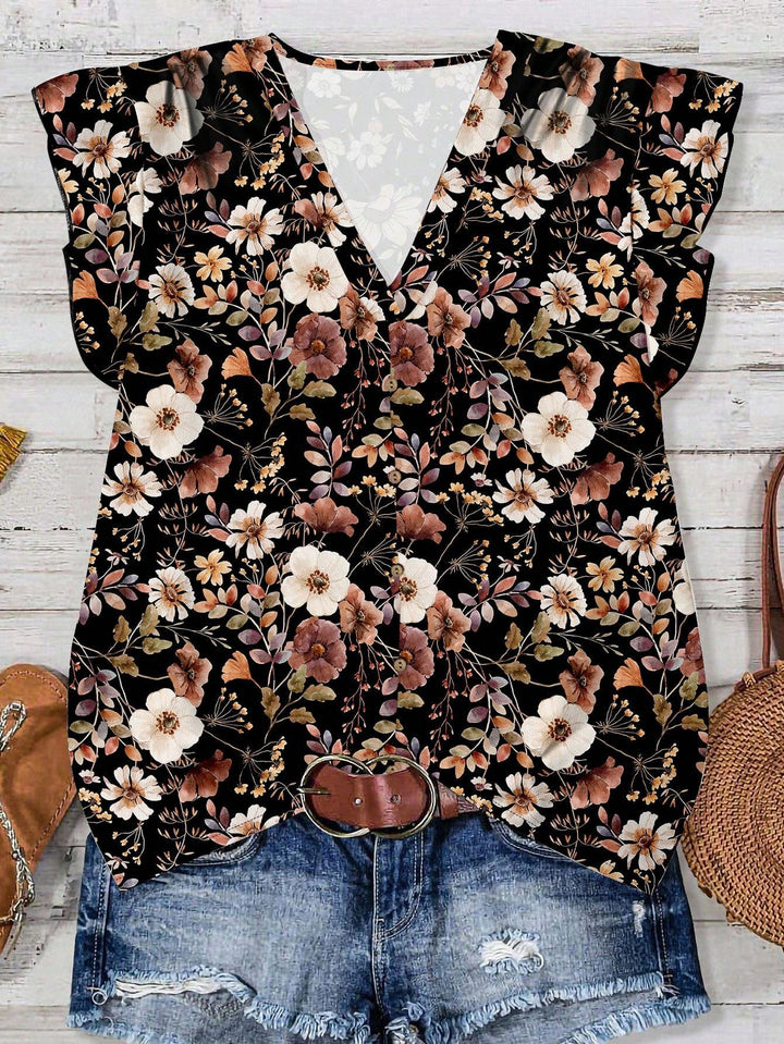 Watercolor Floral Print V-Neck Ruffle Sleeve Blouse