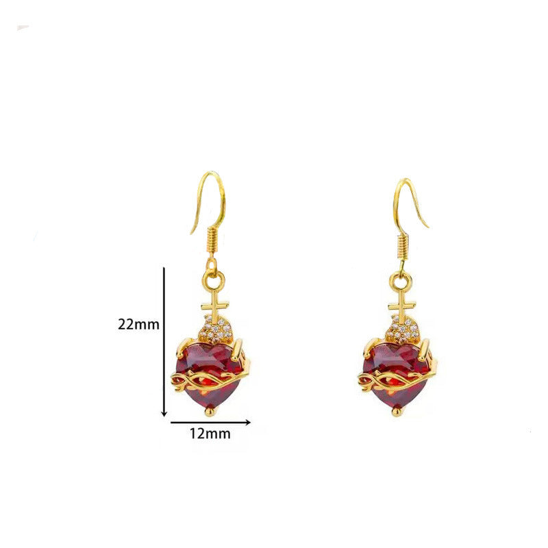 Sacred Heart Cross Red CZ Necklace &amp;amp; Earrings Set | Gold Gothic Jewelry