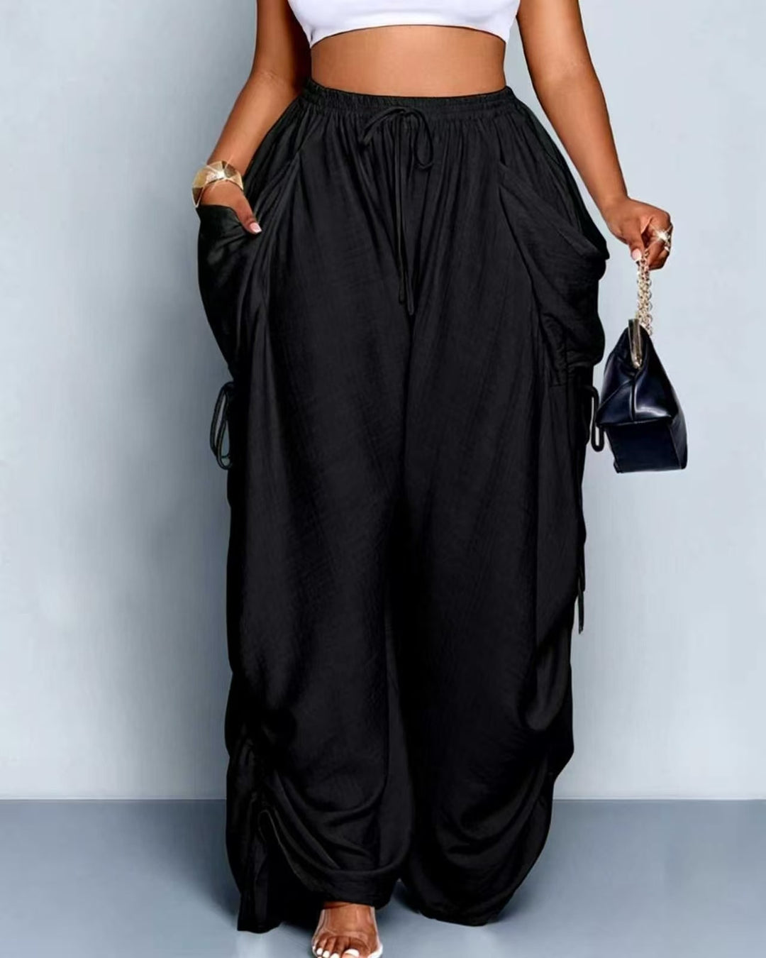 Retro drawstring high-waisted wide-leg pants