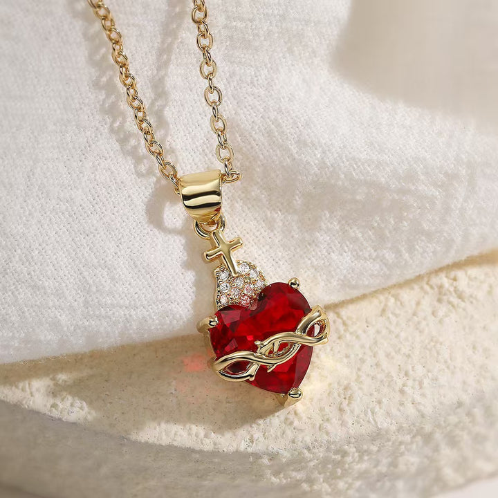 Sacred Heart Cross Red CZ Necklace &amp;amp; Earrings Set | Gold Gothic Jewelry