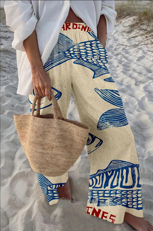 Vintage Blue Fish Print Elastic Waist Wide Leg Beach Pants With Pocket