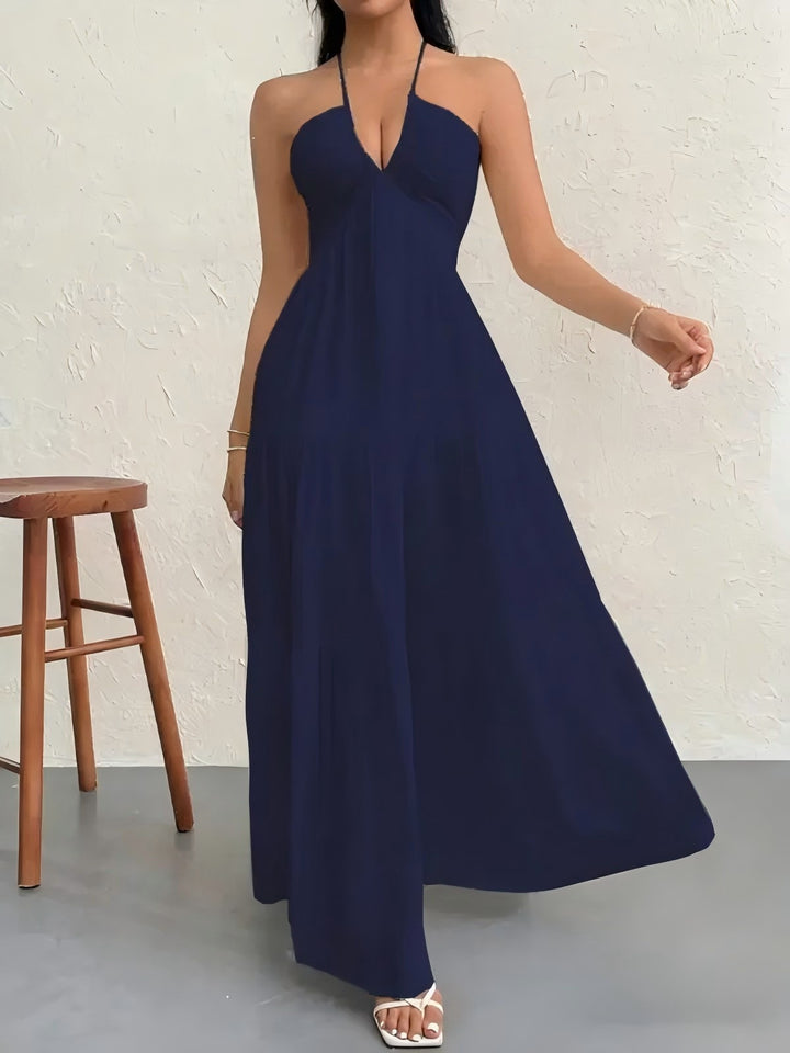 Halter Deep V Open Back Tiered Maxi Dress