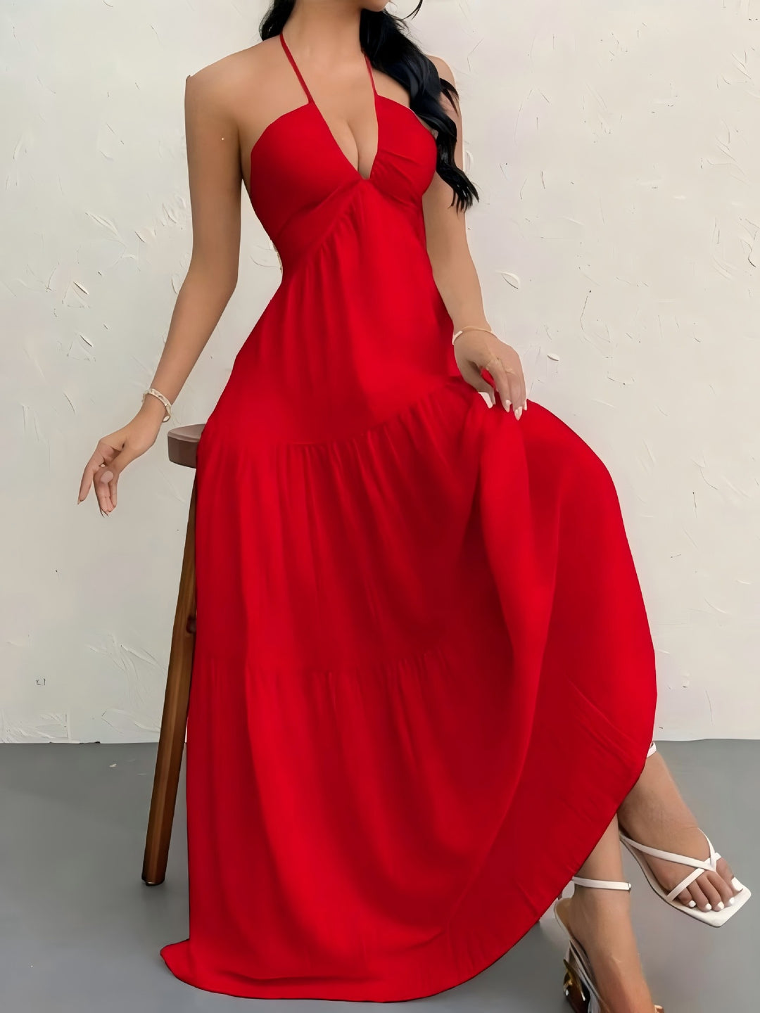 Halter Deep V Open Back Tiered Maxi Dress