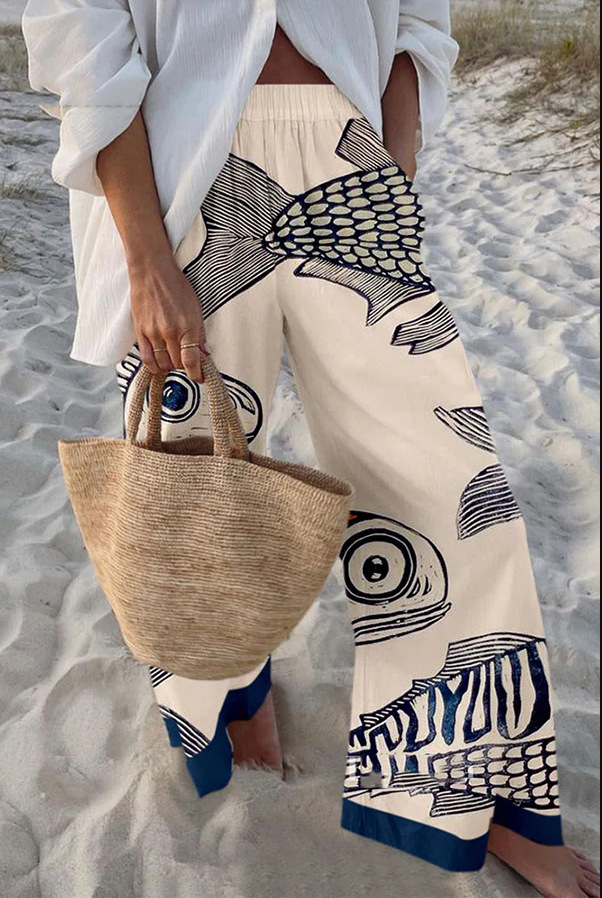 Vintage Blue Fish Print Elastic Waist Wide Leg Beach Pants With Pocket
