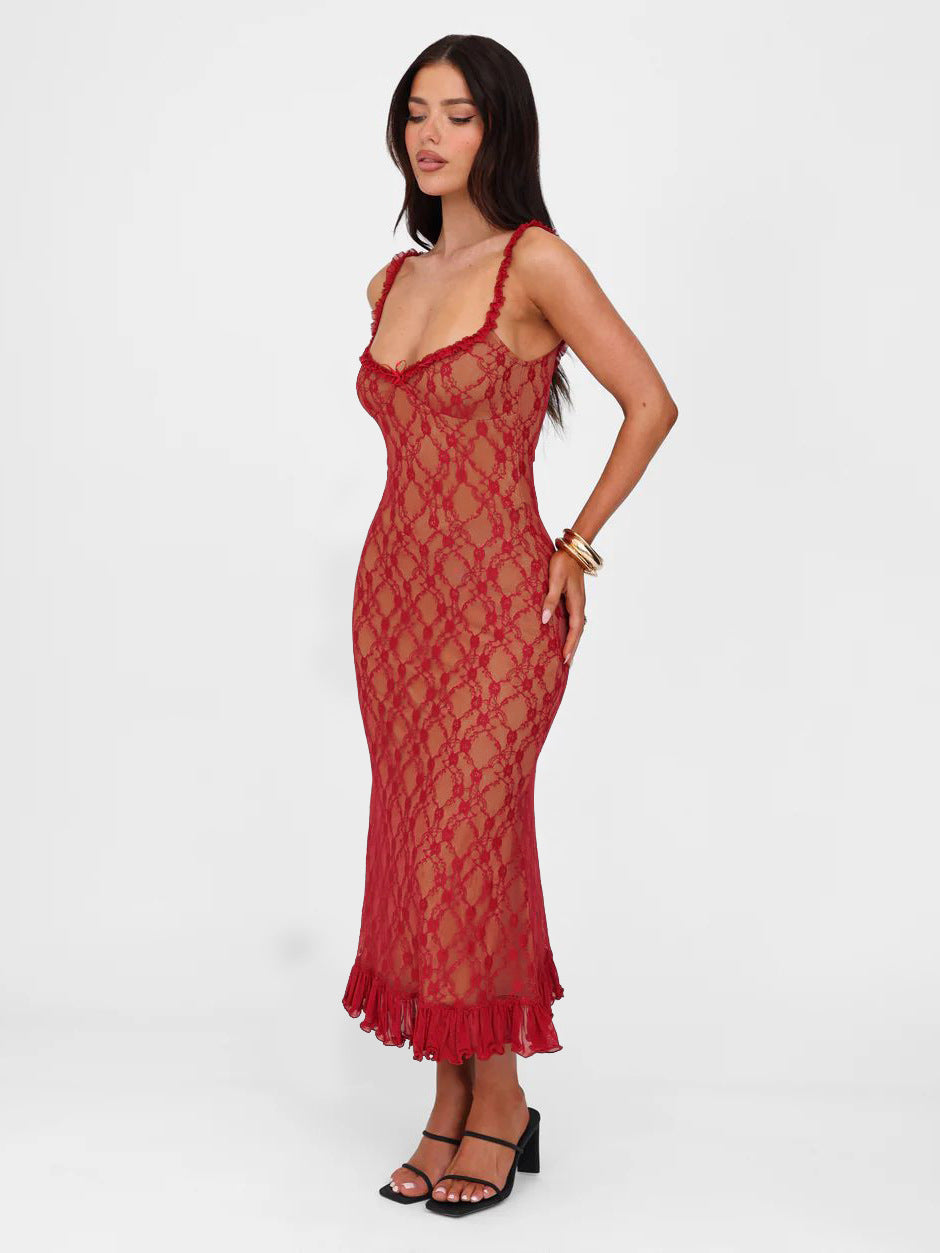 Romantic Lace &amp; Ruffle Midi Dress