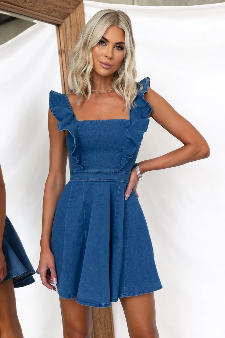 Square Neck Ruffle Strap Fit-and-Flare Denim Mini Dress