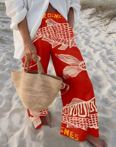 Vintage Blue Fish Print Elastic Waist Wide Leg Beach Pants With Pocket
