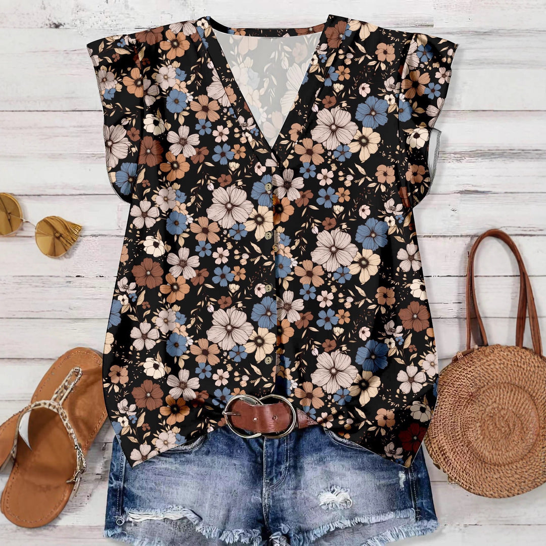 Watercolor Floral Print V-Neck Ruffle Sleeve Blouse