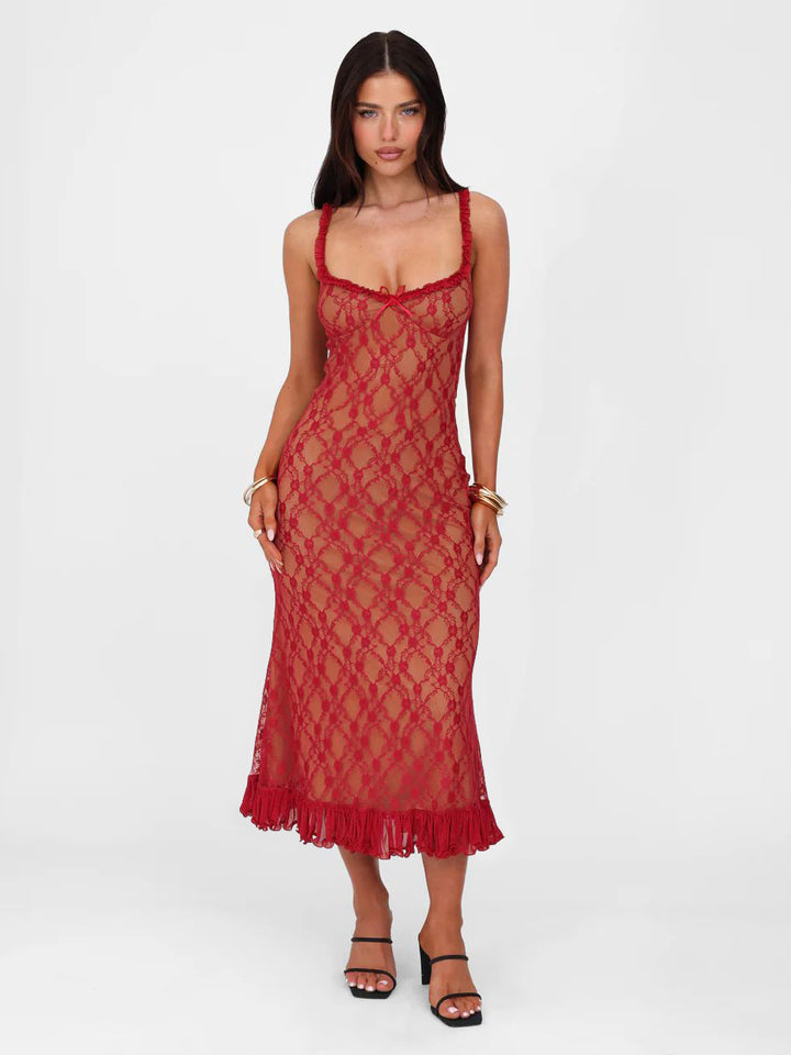 Romantic Lace &amp; Ruffle Midi Dress