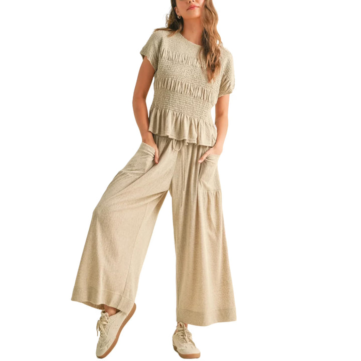 Smocked Top Wide Leg Pants Two Piece Set