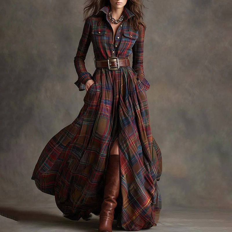Vintage-style plaid long-sleeve dress