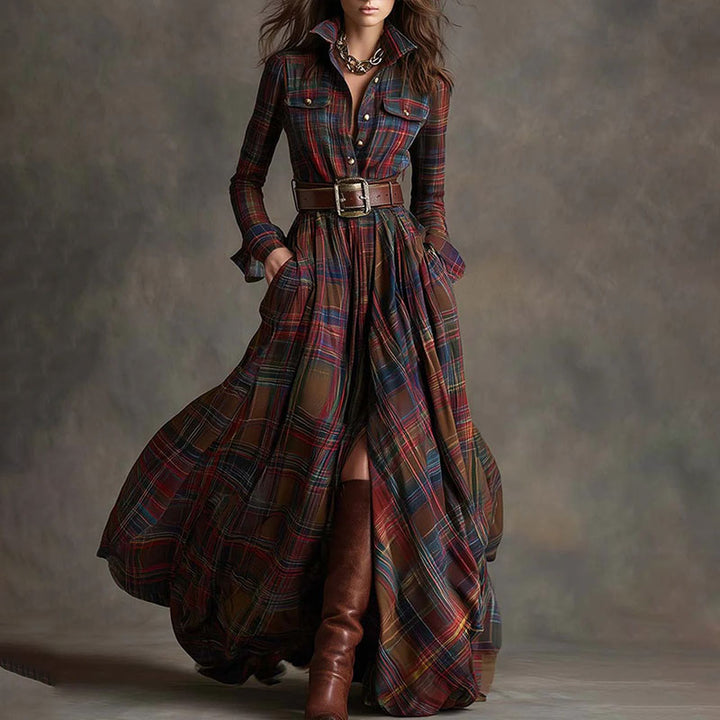 Vintage-style plaid long-sleeve dress