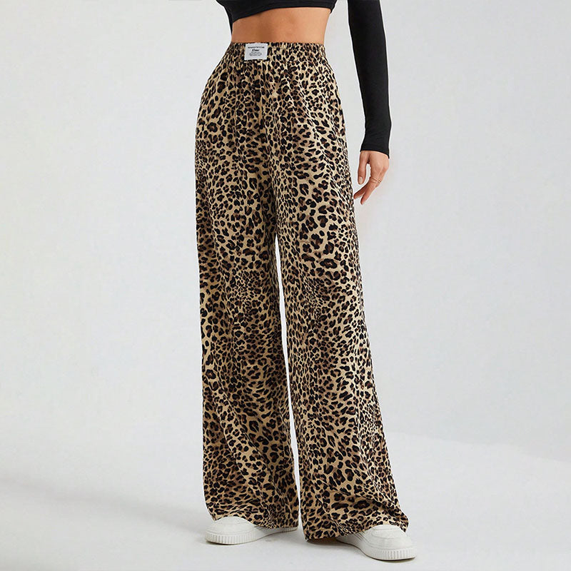 High-waisted printed wide-leg casual trousers