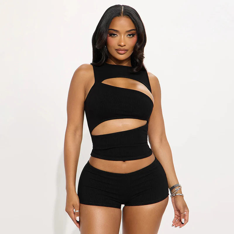 Form-fitting cut-out sleeveless top and shorts set