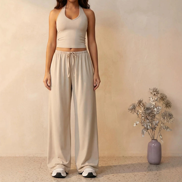 Halter-neck sleeveless cropped top and drawstring wide-leg pants set