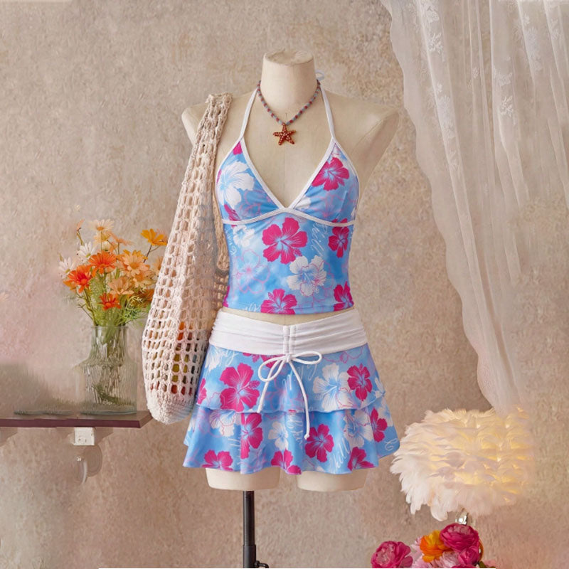 Tropical Print Halter Bikini with Swim Skirt 3-Piece Set