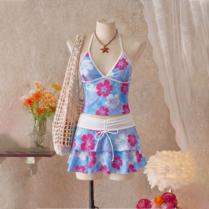 Tropical Print Halter Bikini with Swim Skirt 3-Piece Set