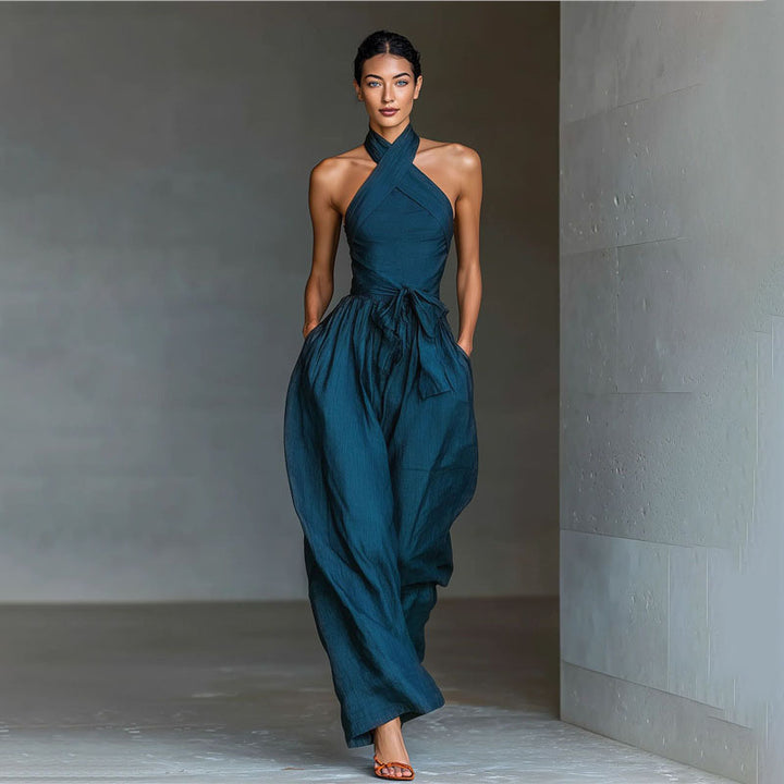 Front crossover halter wide-leg jumpsuit