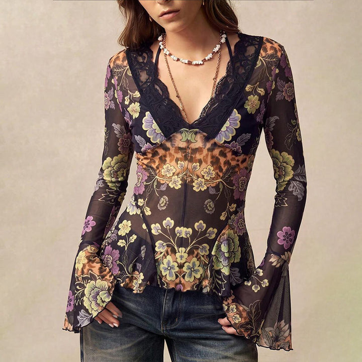 V-neck lace flared long-sleeved ruffle top