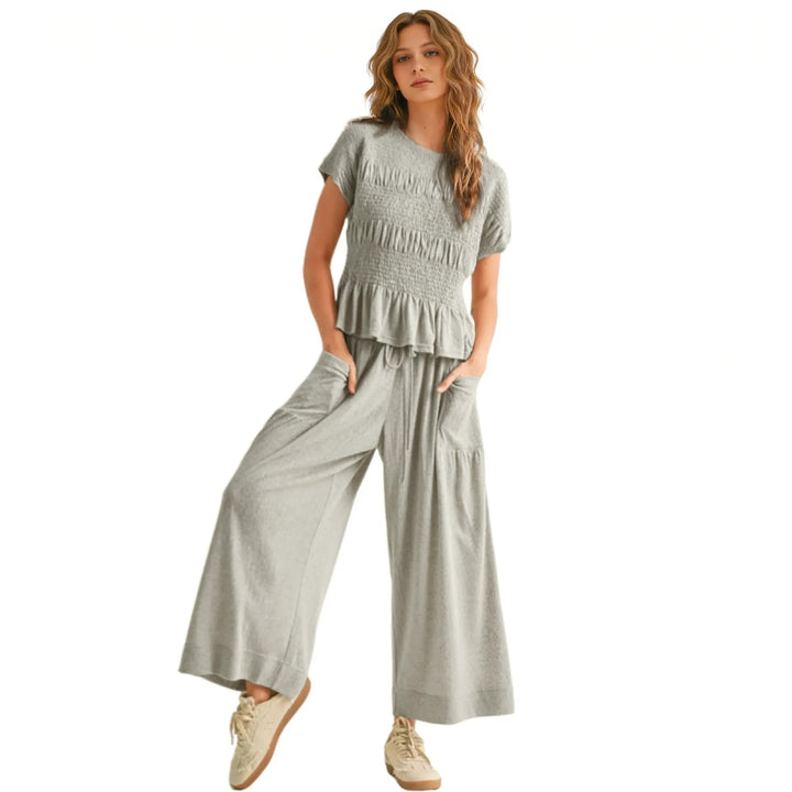 Smocked Top Wide Leg Pants Two Piece Set
