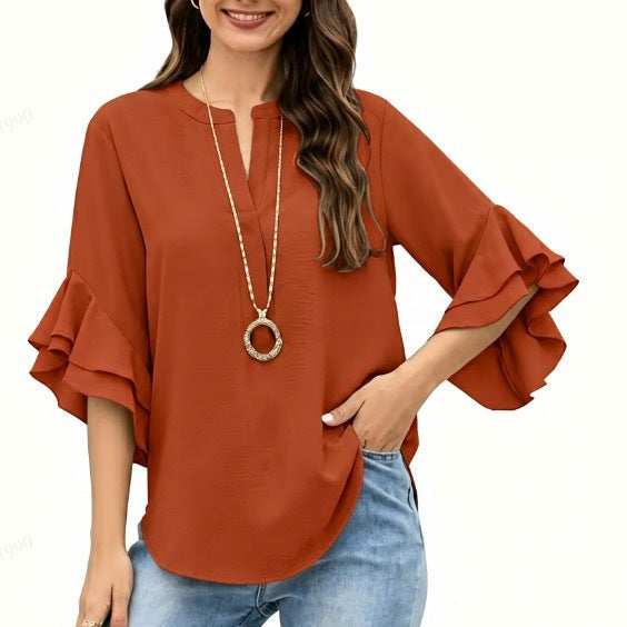 Ruffle-Sleeve V-Neck Blouse