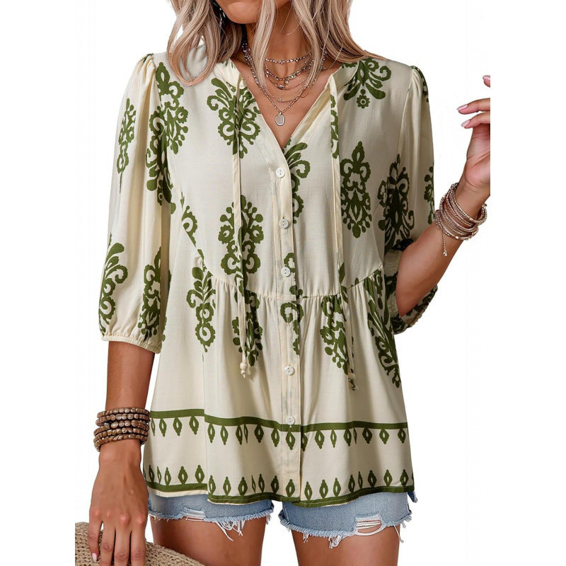 Floral V Neck Button Down Tunic Blouse