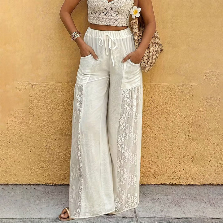 Floral lace patchwork elastic waist wide-leg pants