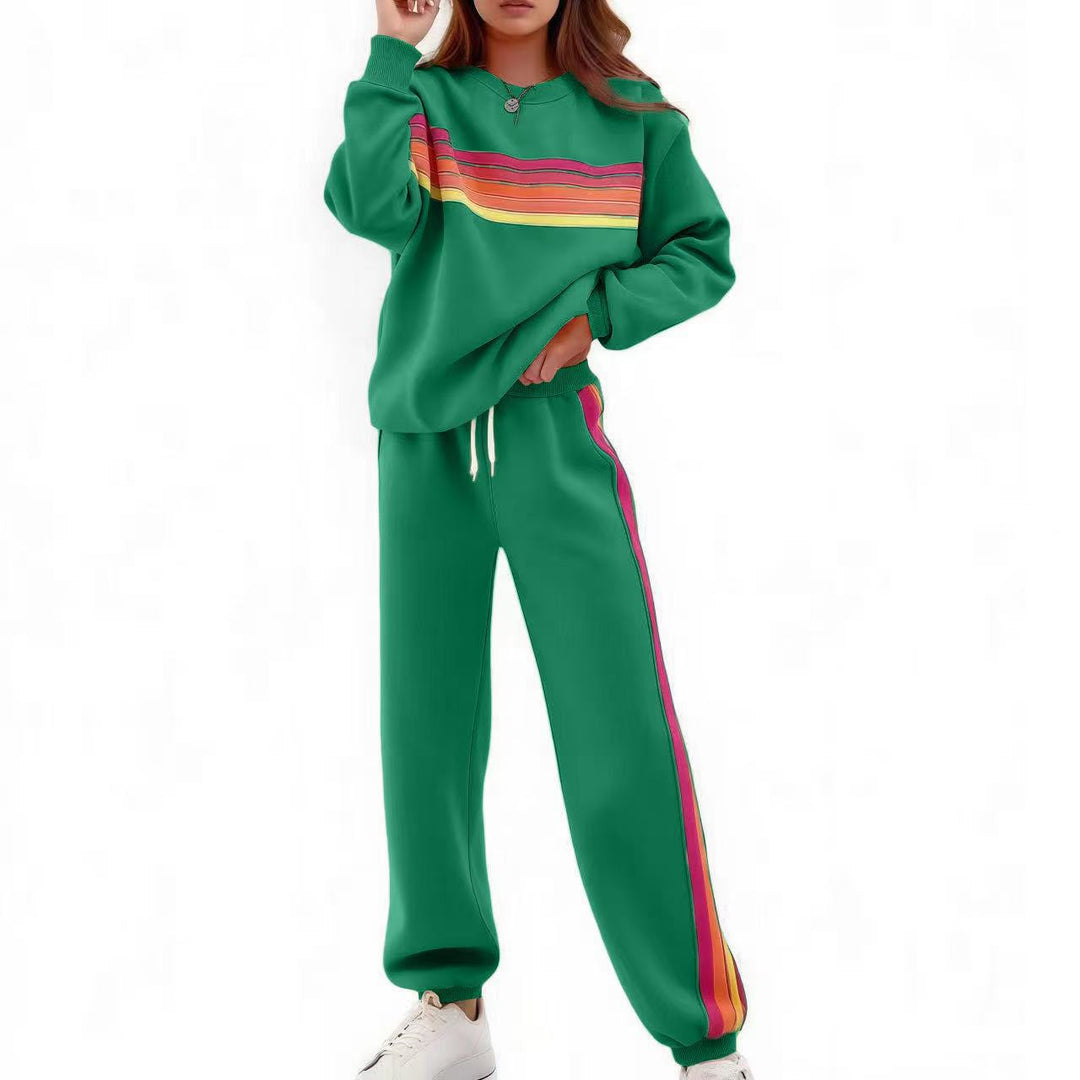 Crew Neck Color Stripe Sweatshirt Jogger Set