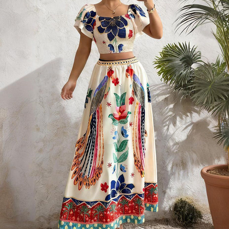 Puff-sleeve cropped top and printed maxi skirt set