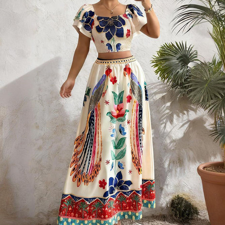 Puff-sleeve cropped top and printed maxi skirt set