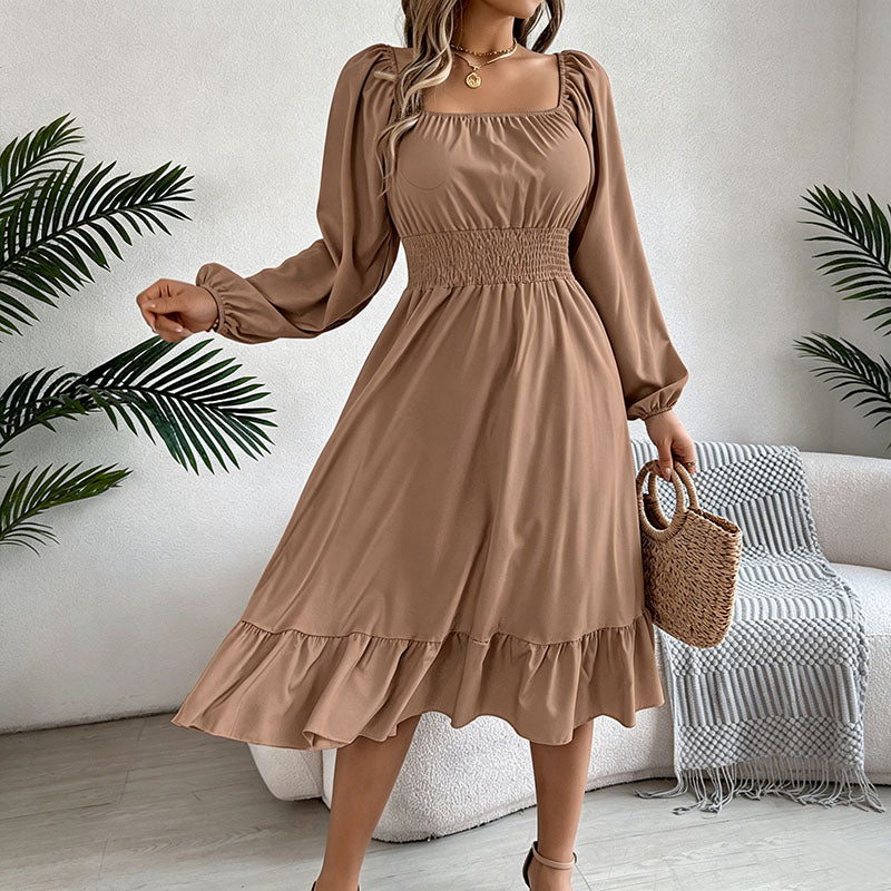 Square neck puff sleeve pleated dress