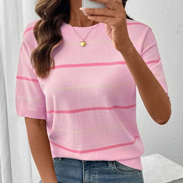 Crew Neck Color Block Stripe Knit Tee