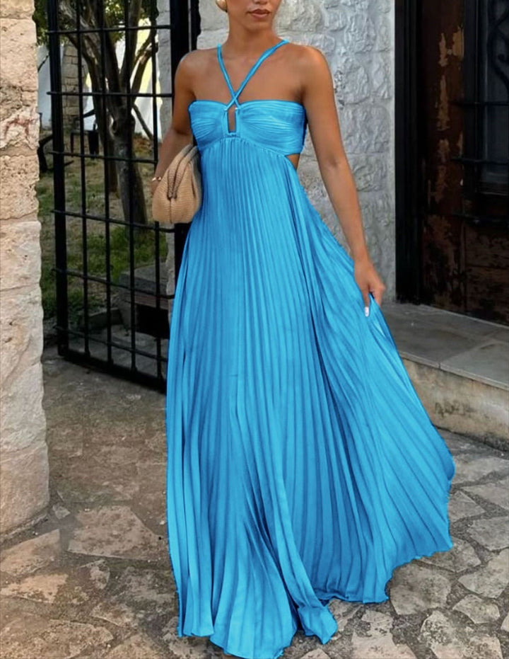 Ladies Back Tie Halter Pleated Beach Sundress