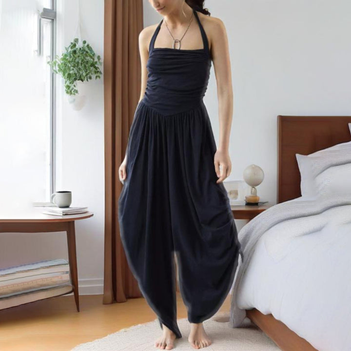 Summer New Ruched Waist Tie-Back Halter Neck Wide Leg Jumpsuit