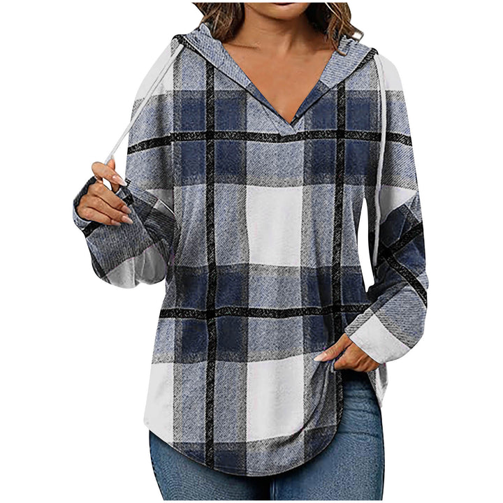 Plaid hooded V-neck casual top