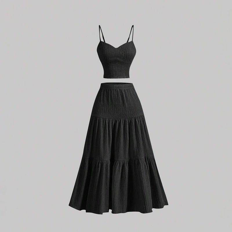 Elegant Ribbed Cami Top and Tiered Maxi Skirt Two-Piece Set