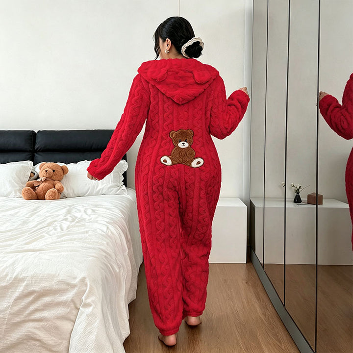 Bear Pattern Plush Hooded Onesie Pajamas