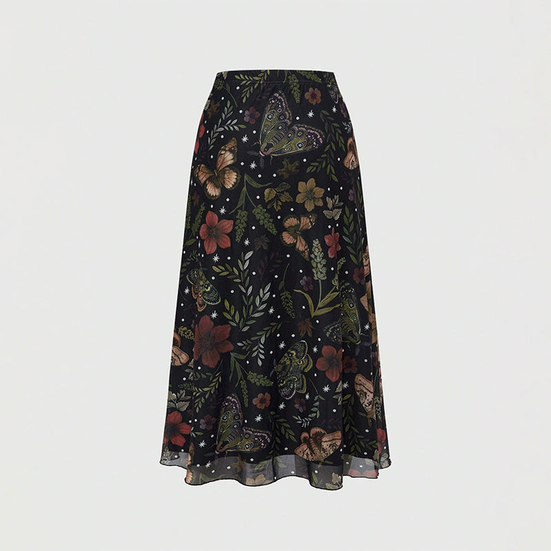 Floral Print Mesh High Waist A-Line Skirt