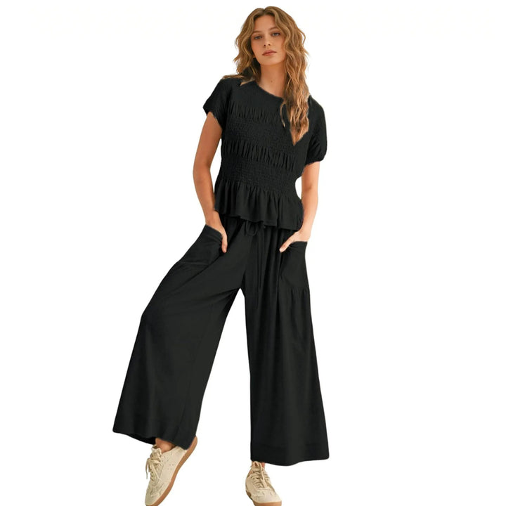 Smocked Top Wide Leg Pants Two Piece Set