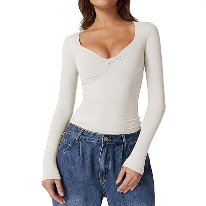 Sweetheart-neck ruched long-sleeve fitted top