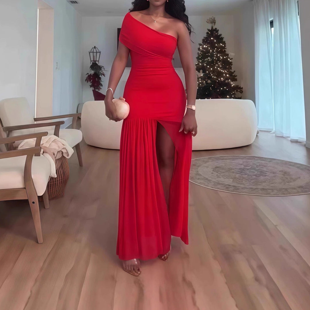 One Shoulder Ruched Slit Maxi Dress