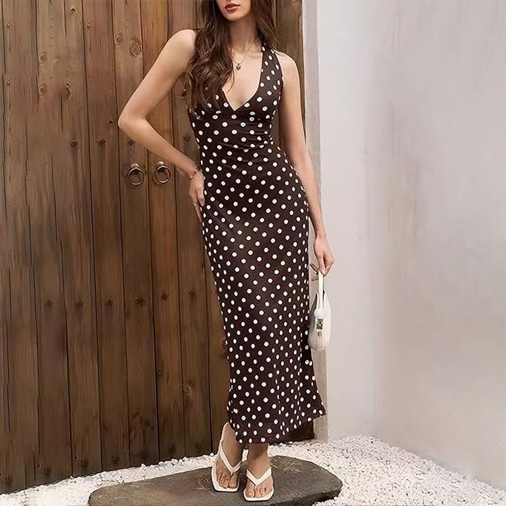 Deep V-neck fitted polka-dot dress