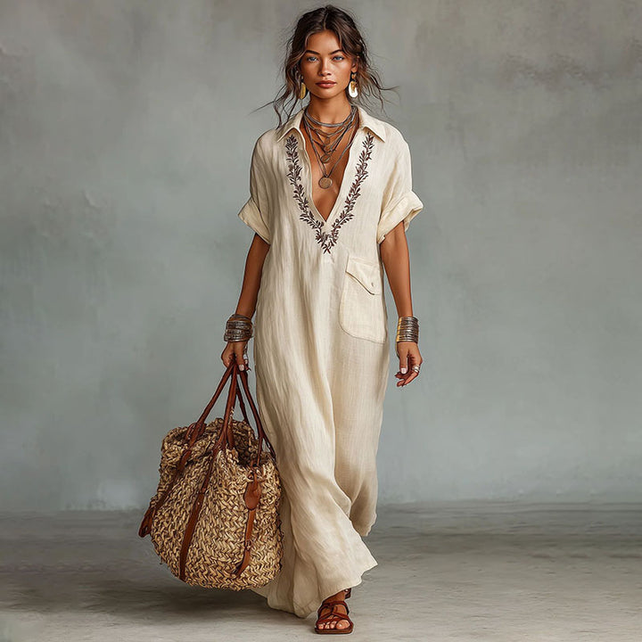 Collared short-sleeved V-neck loose dress