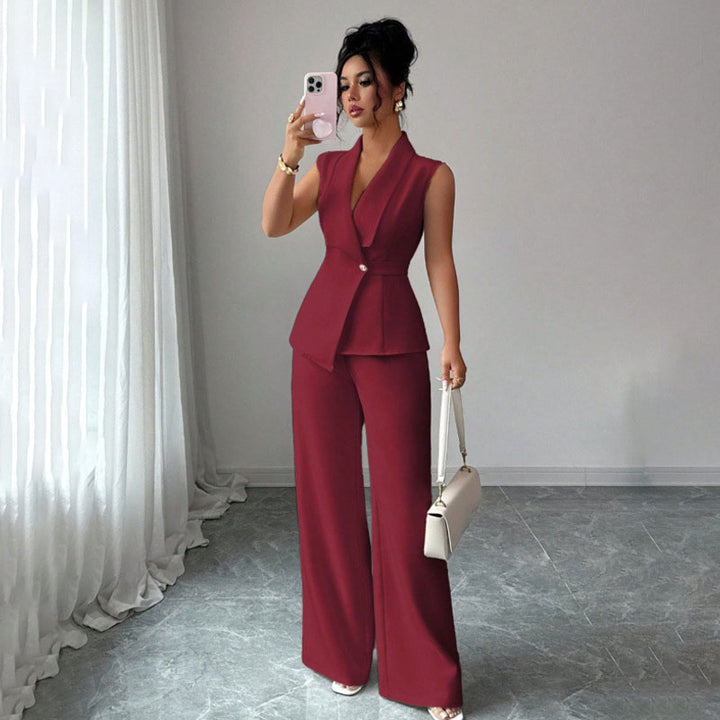 Sleeveless suit vest and wide-leg trousers set